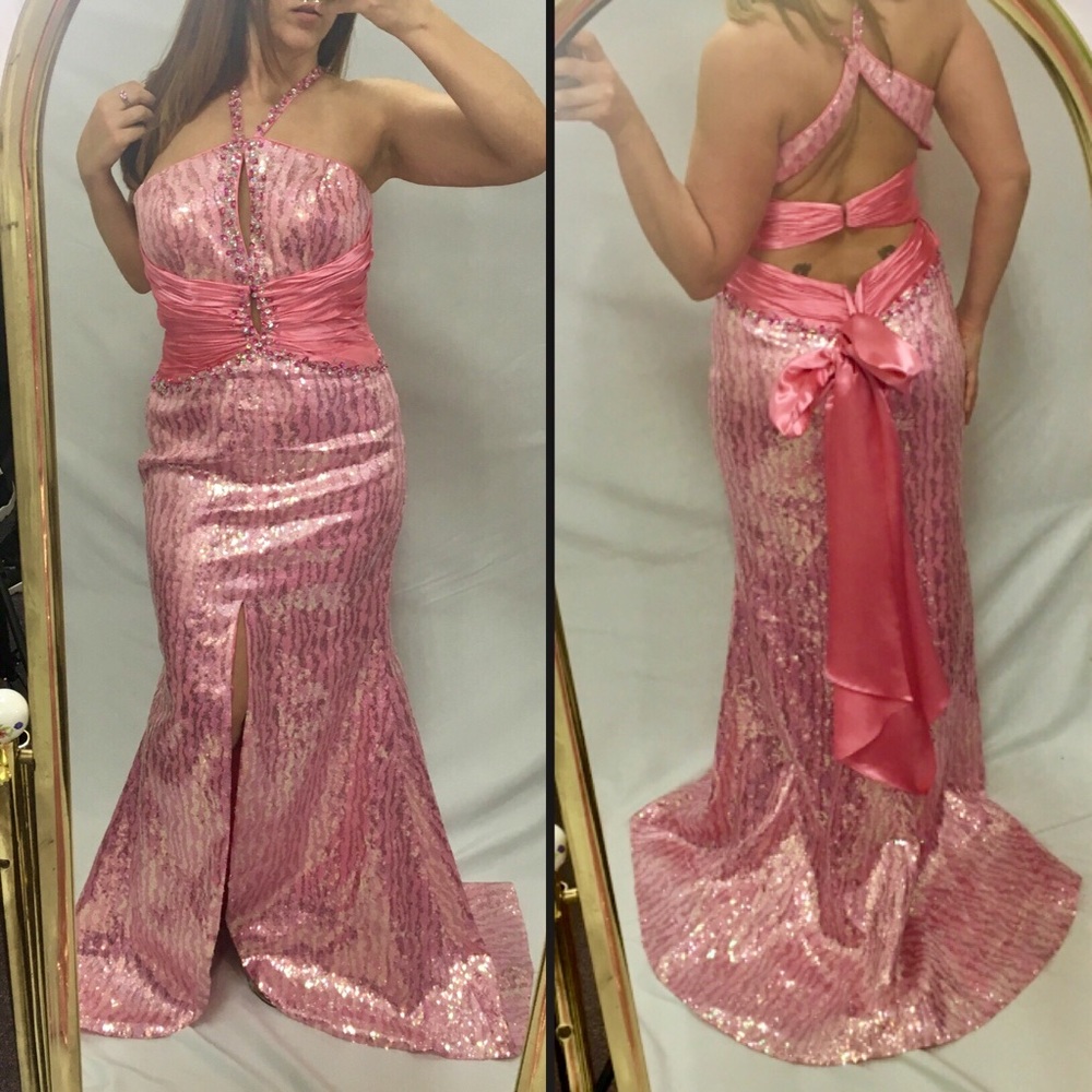 🎀 Iridescent Pink Prom halter w Bow Tie Sash